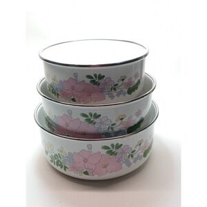 Vintage Kobe Enamel Stacking Bowls Pink Purple Flowers Set of 3 JC Penny (b7)